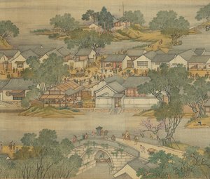 Wzdłuż rzeki podczas festiwalu Qingming, wersja Qing Court, ręczny zwój, 1736